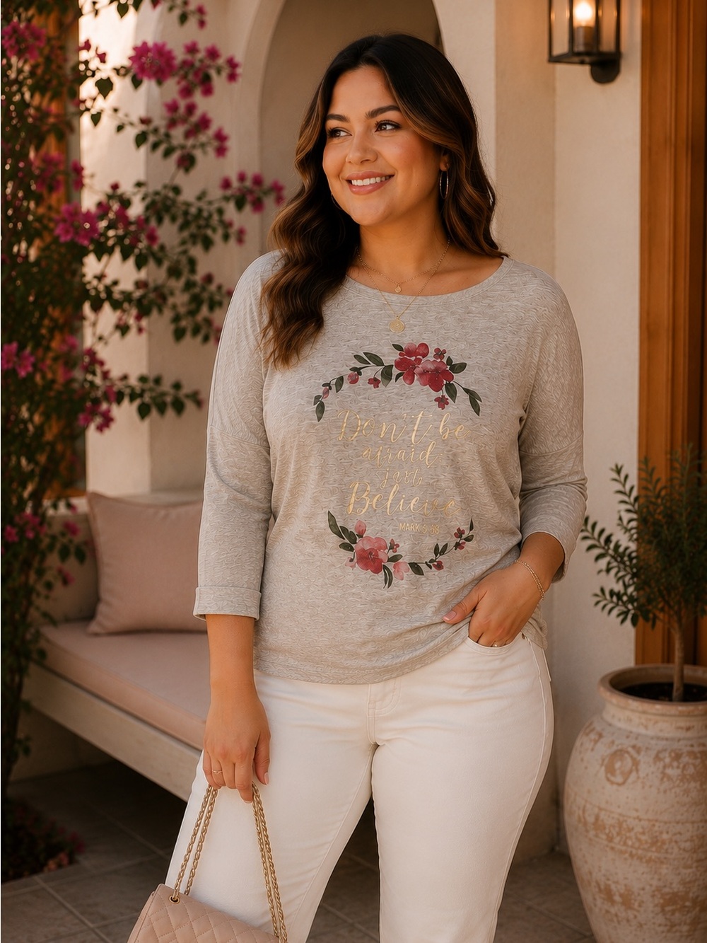 MIA Floral Graphic Lightweight Sweatshirt Top Women Size PL Beige